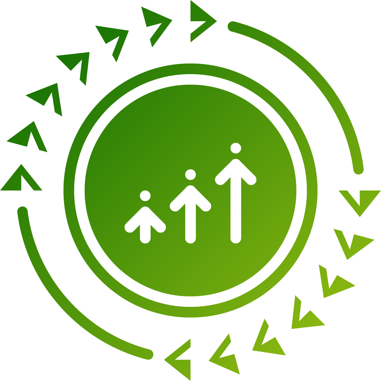 A green and lime icon showing upward arrows resembling people