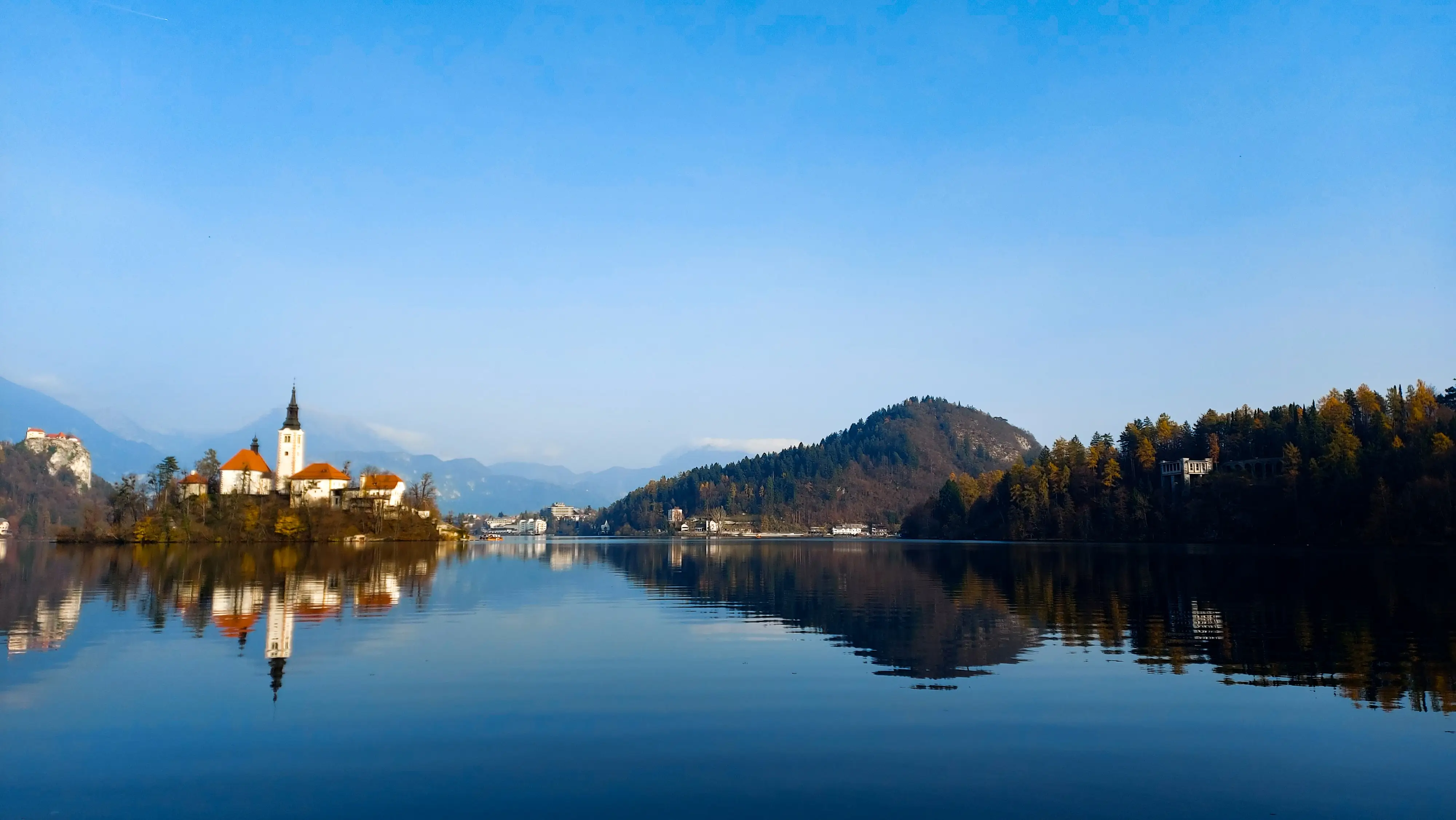 A view of Lake Bled in Slovenia during autumn.