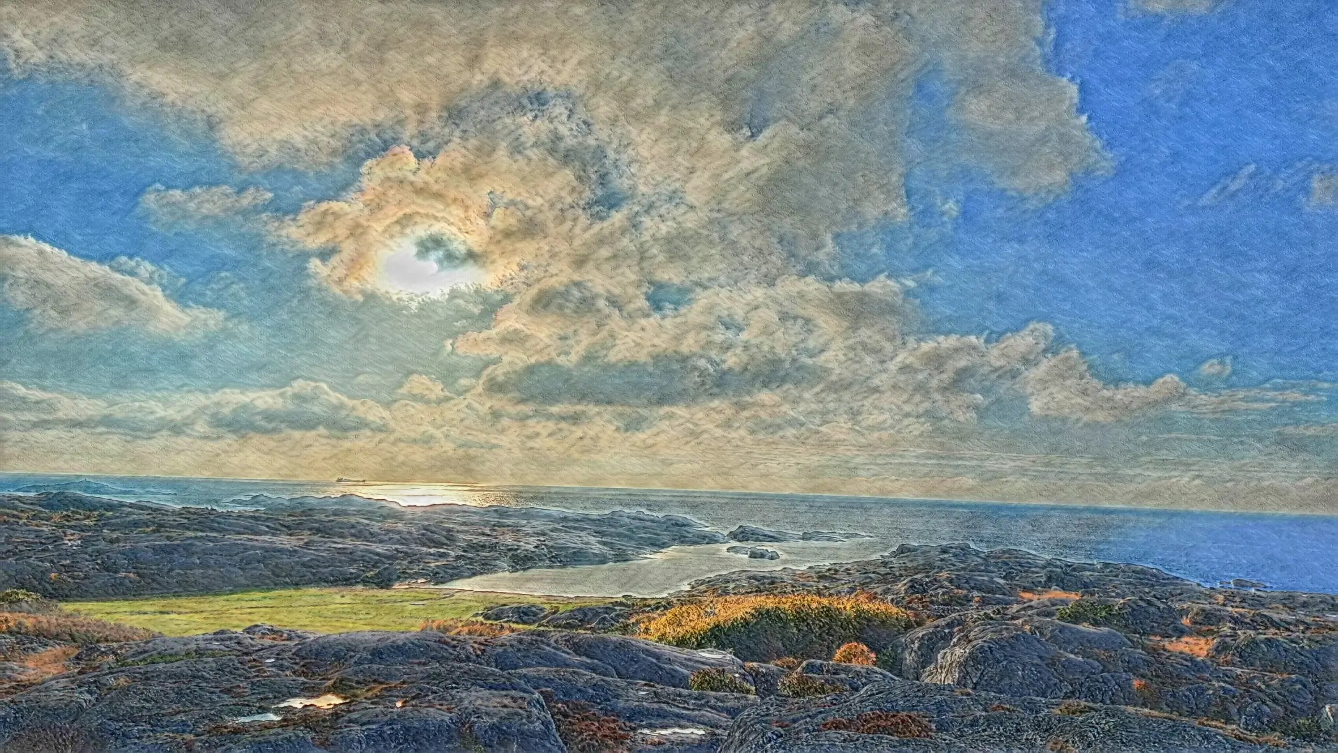 An photo showing a view from the Swedish island of Hönö, edited by AI to look like a painting.